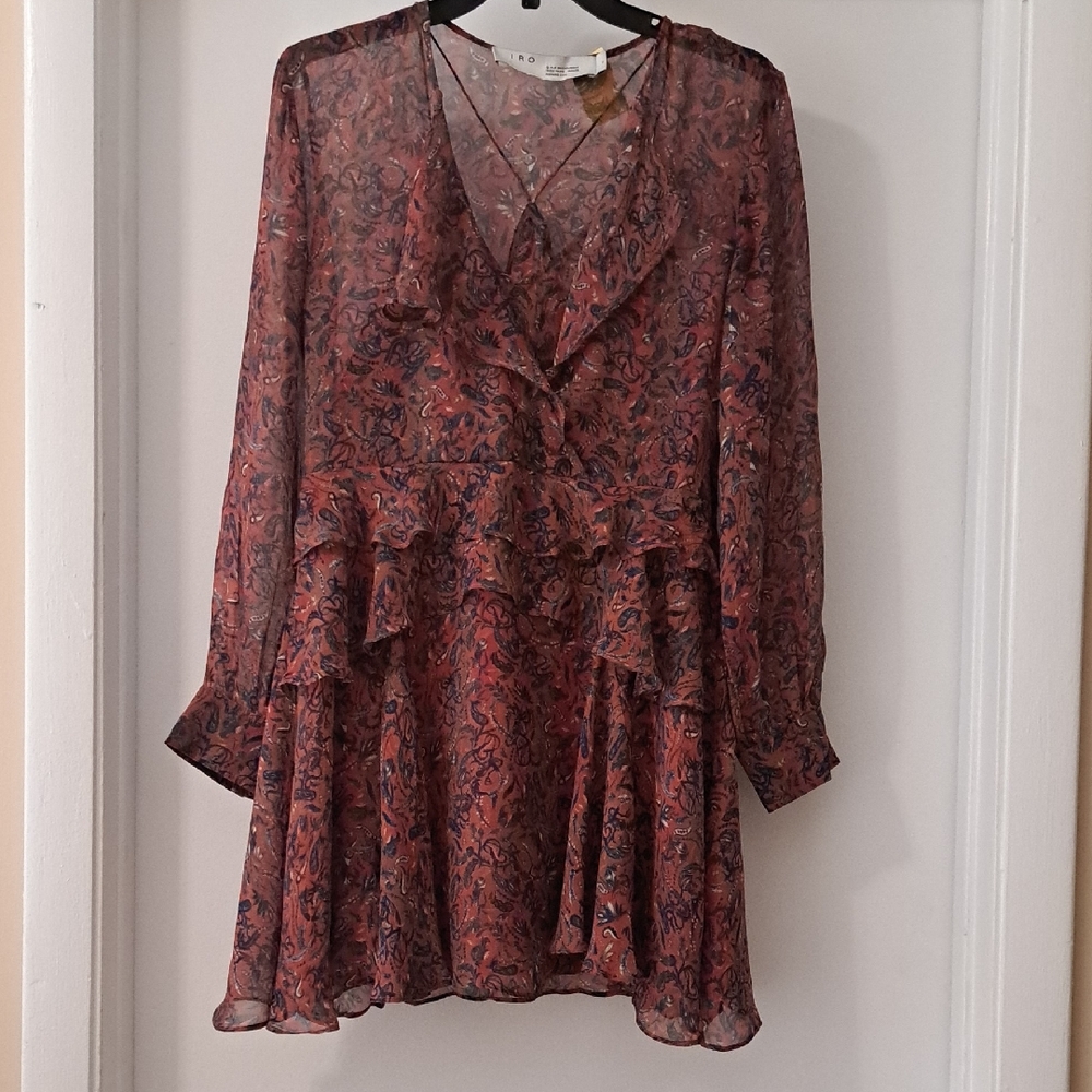 IRO Paris Orange & Black Leaf Print Silk Short Dress  Sz36 EUC
